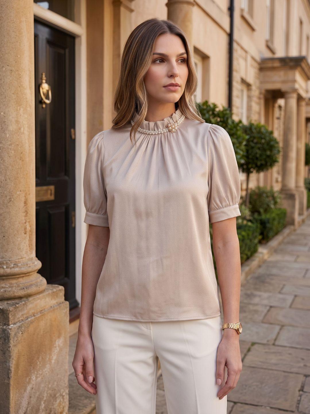 Iconic Women Beige Solid Straight Fit Top