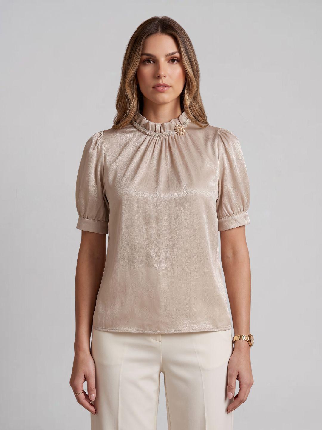 Iconic Women Beige Solid Straight Fit Top