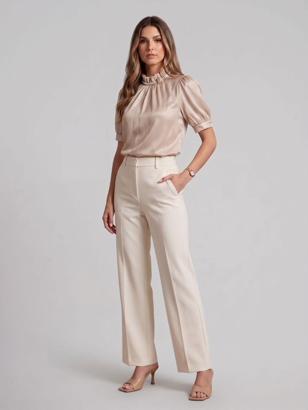 Iconic Women Beige Solid Straight Fit Top