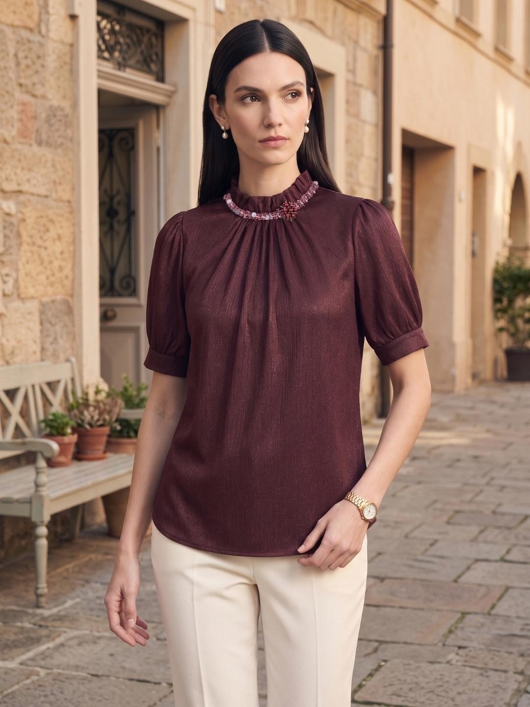 Iconic Women Dark Maroon Solid Straight Fit Top