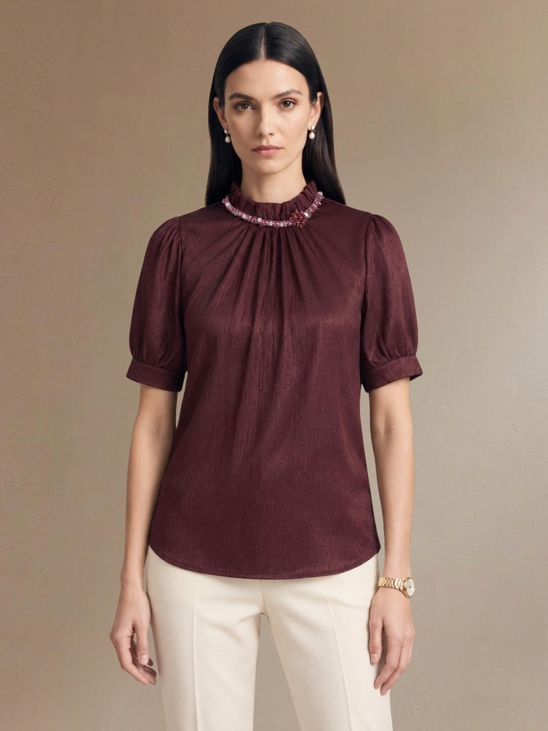 Iconic Women Dark Maroon Solid Straight Fit Top