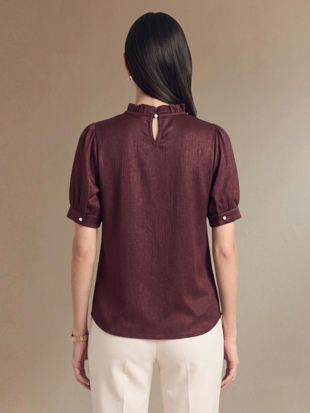 Iconic Women Dark Maroon Solid Straight Fit Top