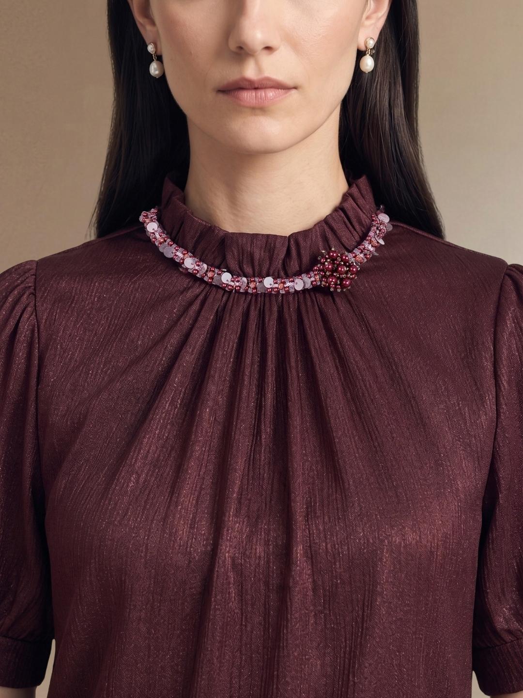 Iconic Women Dark Maroon Solid Straight Fit Top