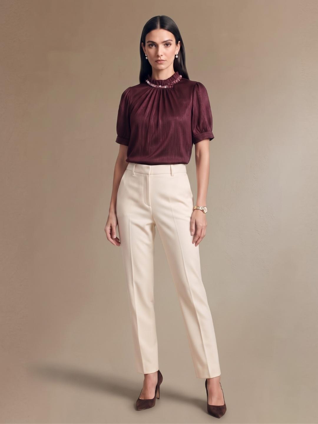 Iconic Women Dark Maroon Solid Straight Fit Top