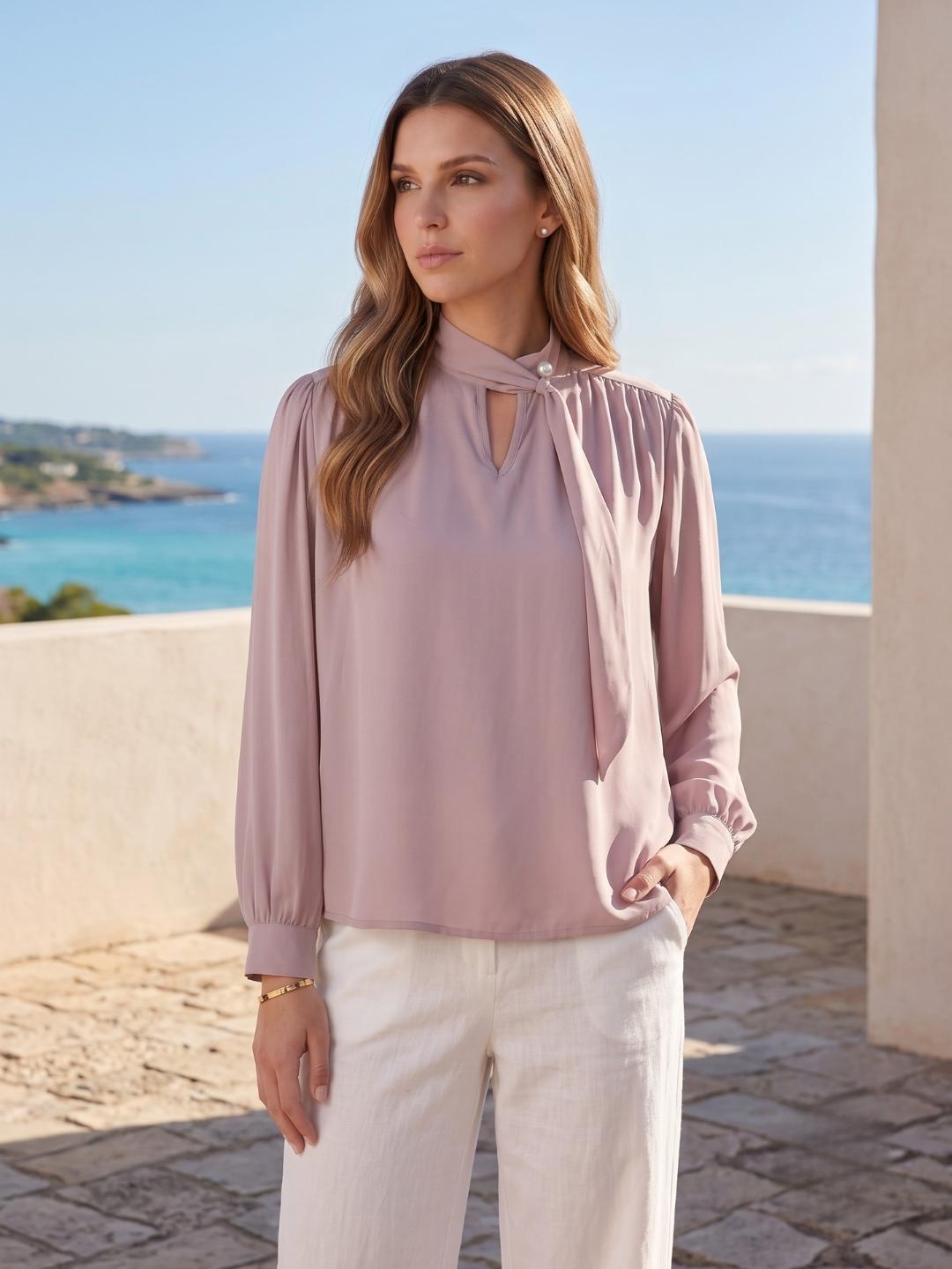 Iconic Women Pink Solid Straight Fit Keyhole Tie-Neck Top