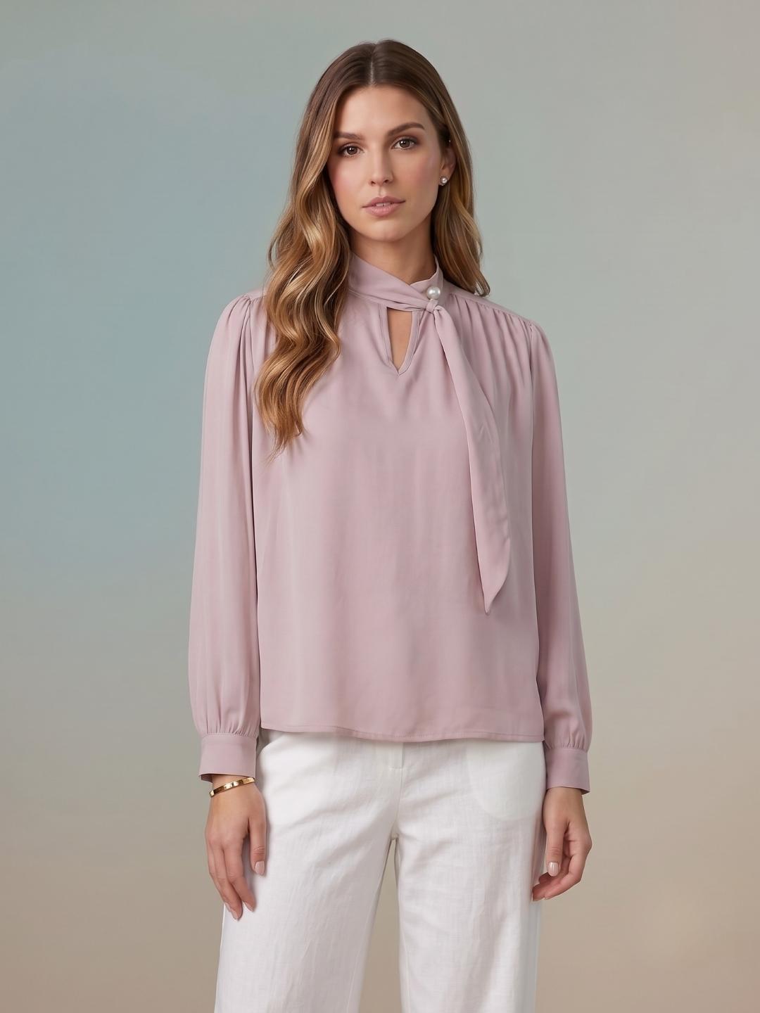 Iconic Women Pink Solid Straight Fit Keyhole Tie-Neck Top