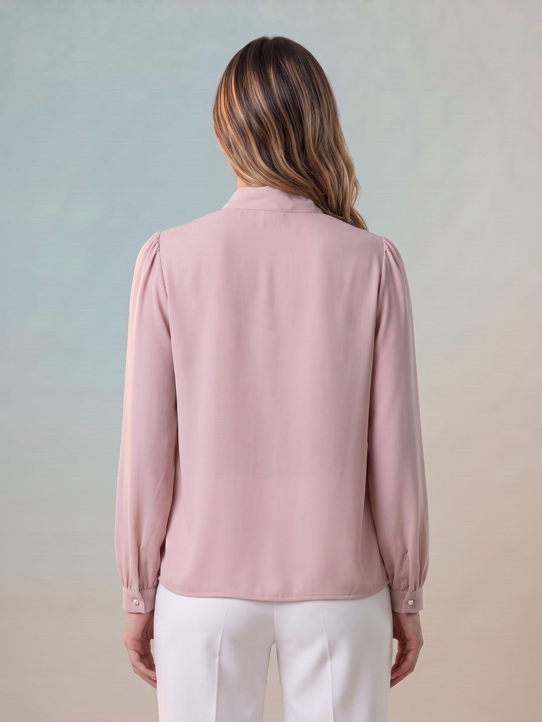 Iconic Women Pink Solid Straight Fit Keyhole Tie-Neck Top
