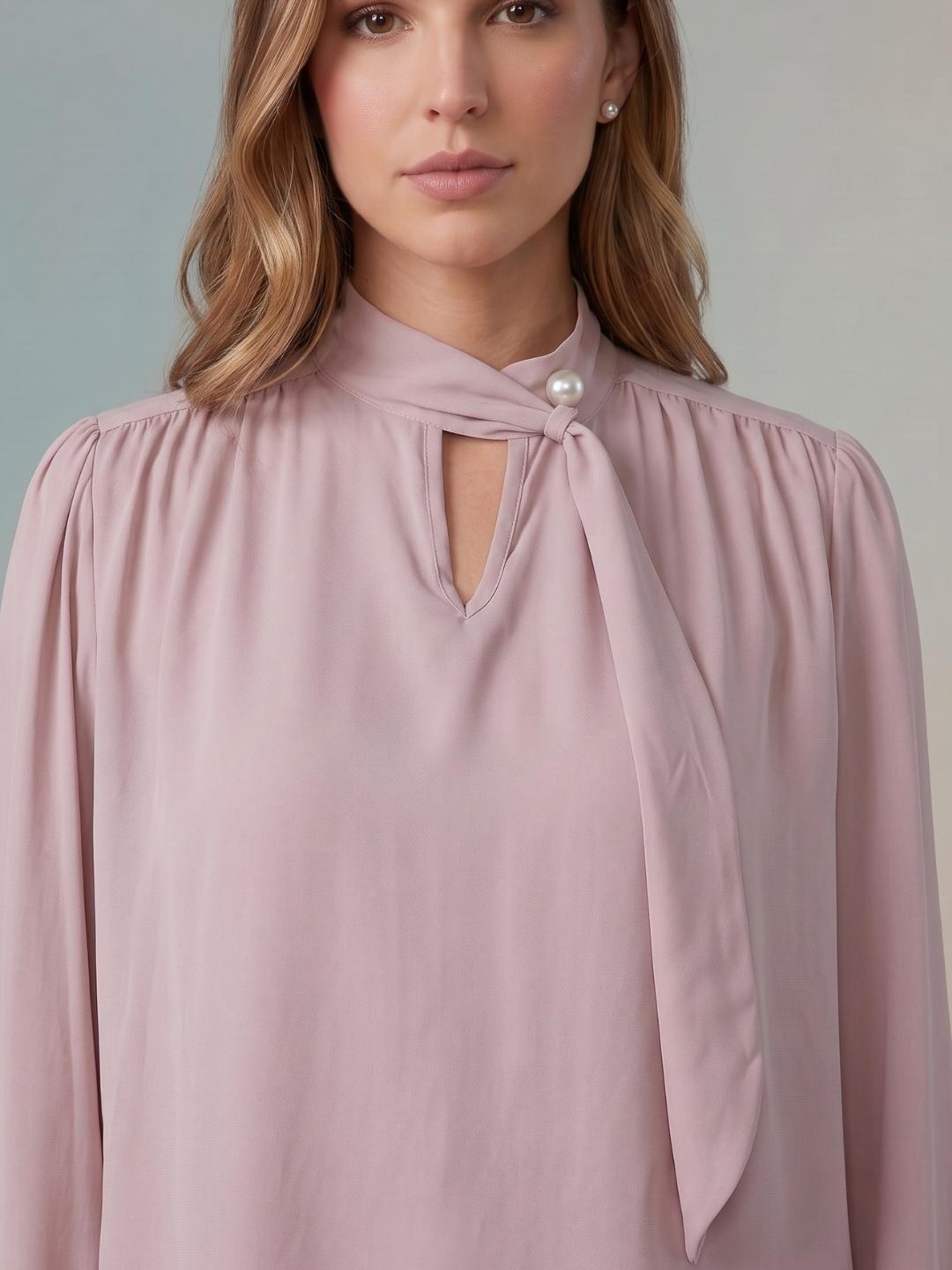 Iconic Women Pink Solid Straight Fit Keyhole Tie-Neck Top
