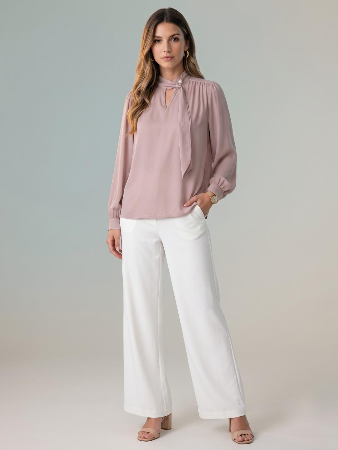 Iconic Women Pink Solid Straight Fit Keyhole Tie-Neck Top