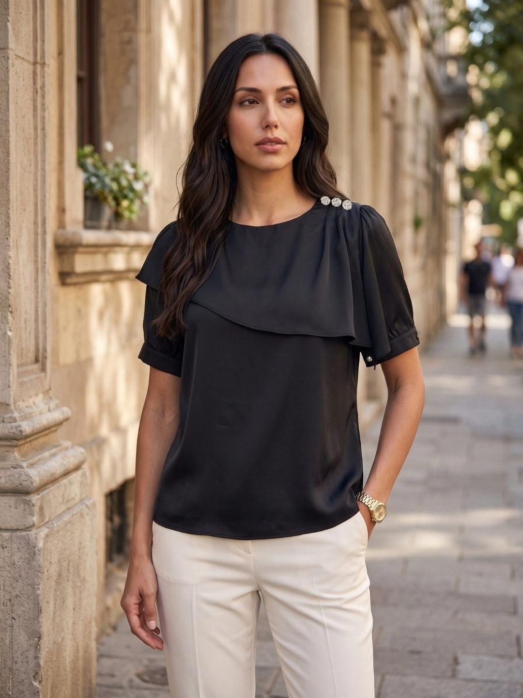 Iconic Women Black Solid Straight Fit Cotton Top