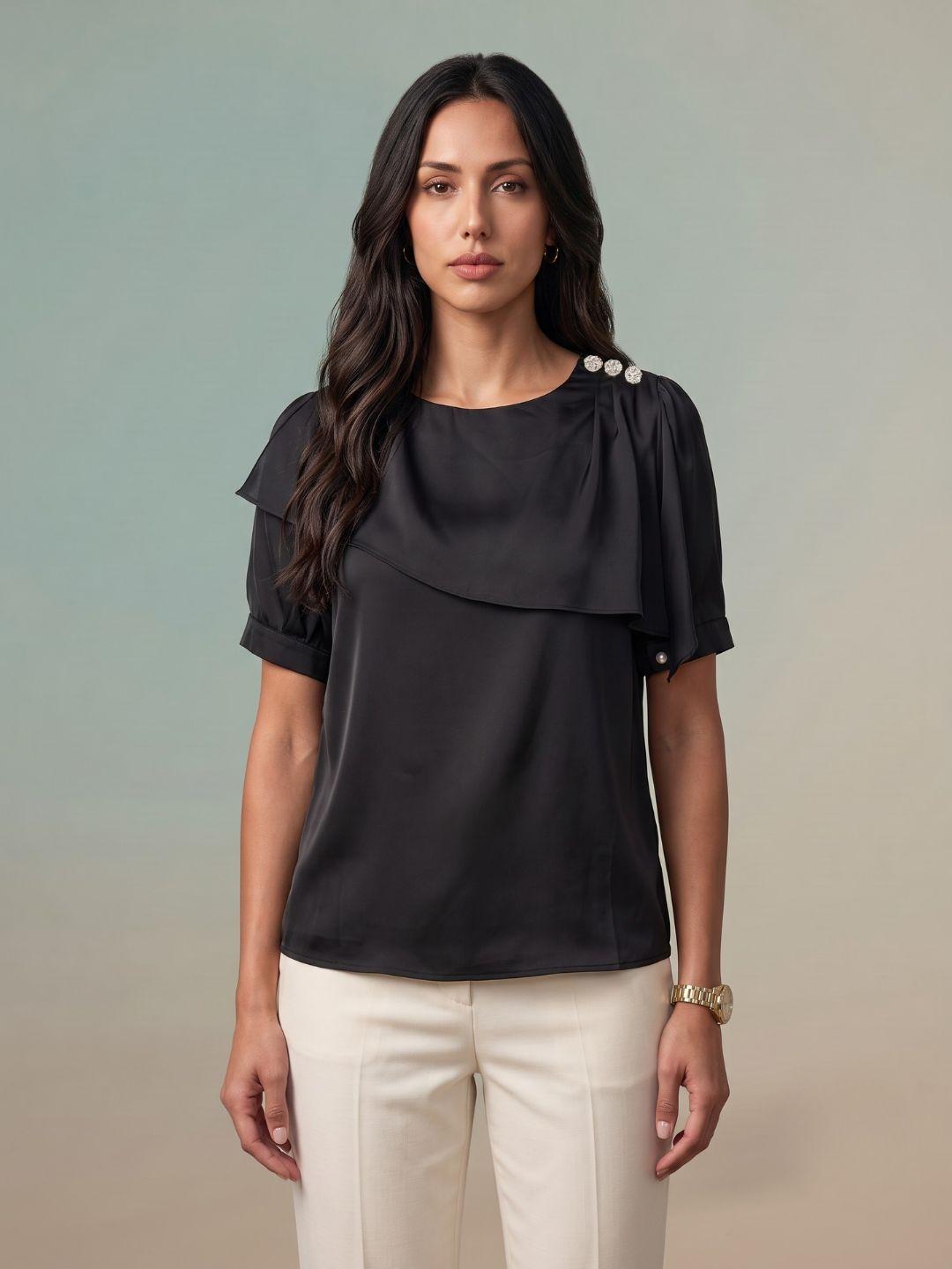 Iconic Women Black Solid Straight Fit Cotton Top