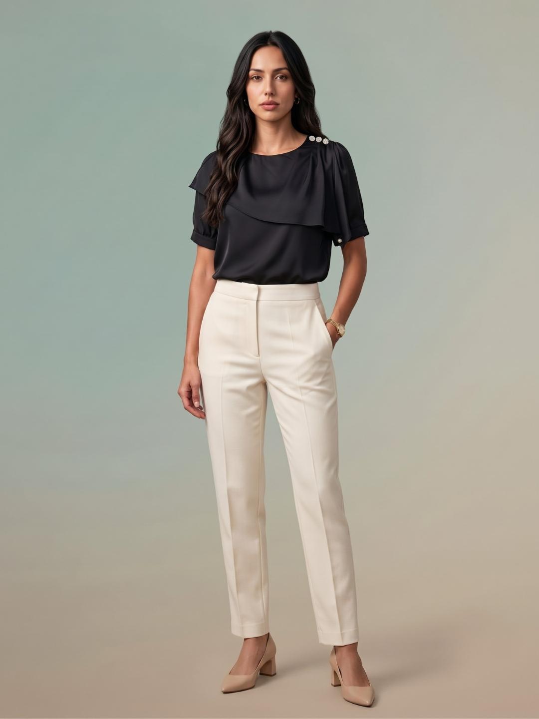 Iconic Women Black Solid Straight Fit Cotton Top