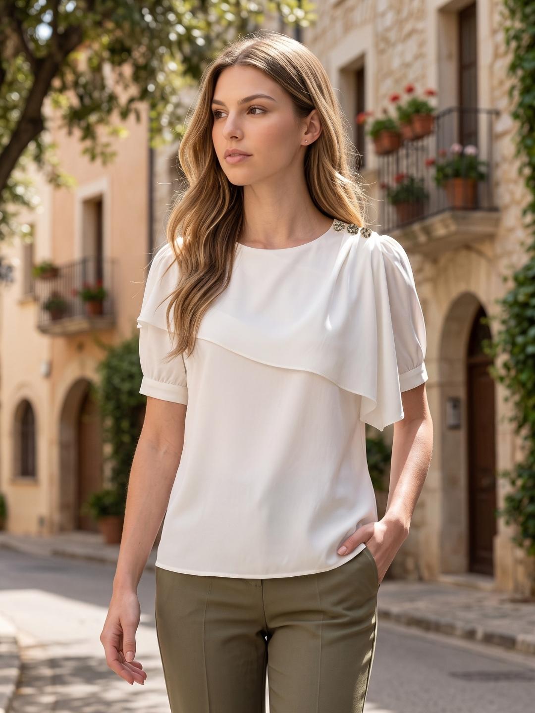Iconic Women Off White Solid Straight Fit Cotton Top