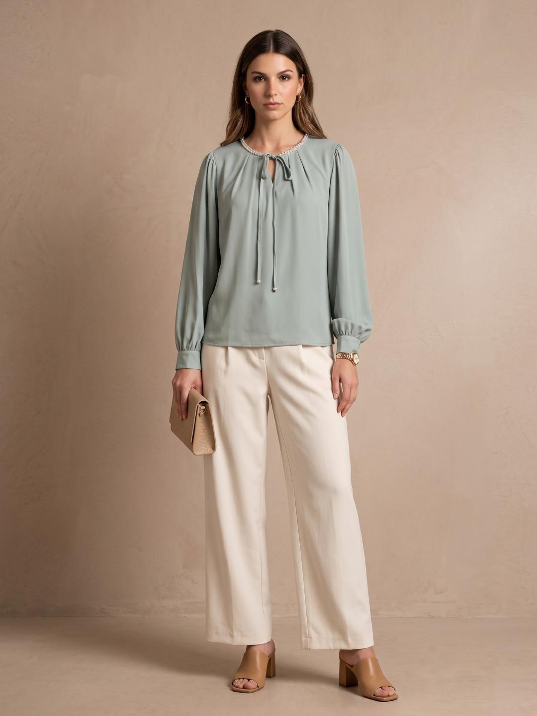 Iconic Women Green Solid Straight Fit Cotton Top