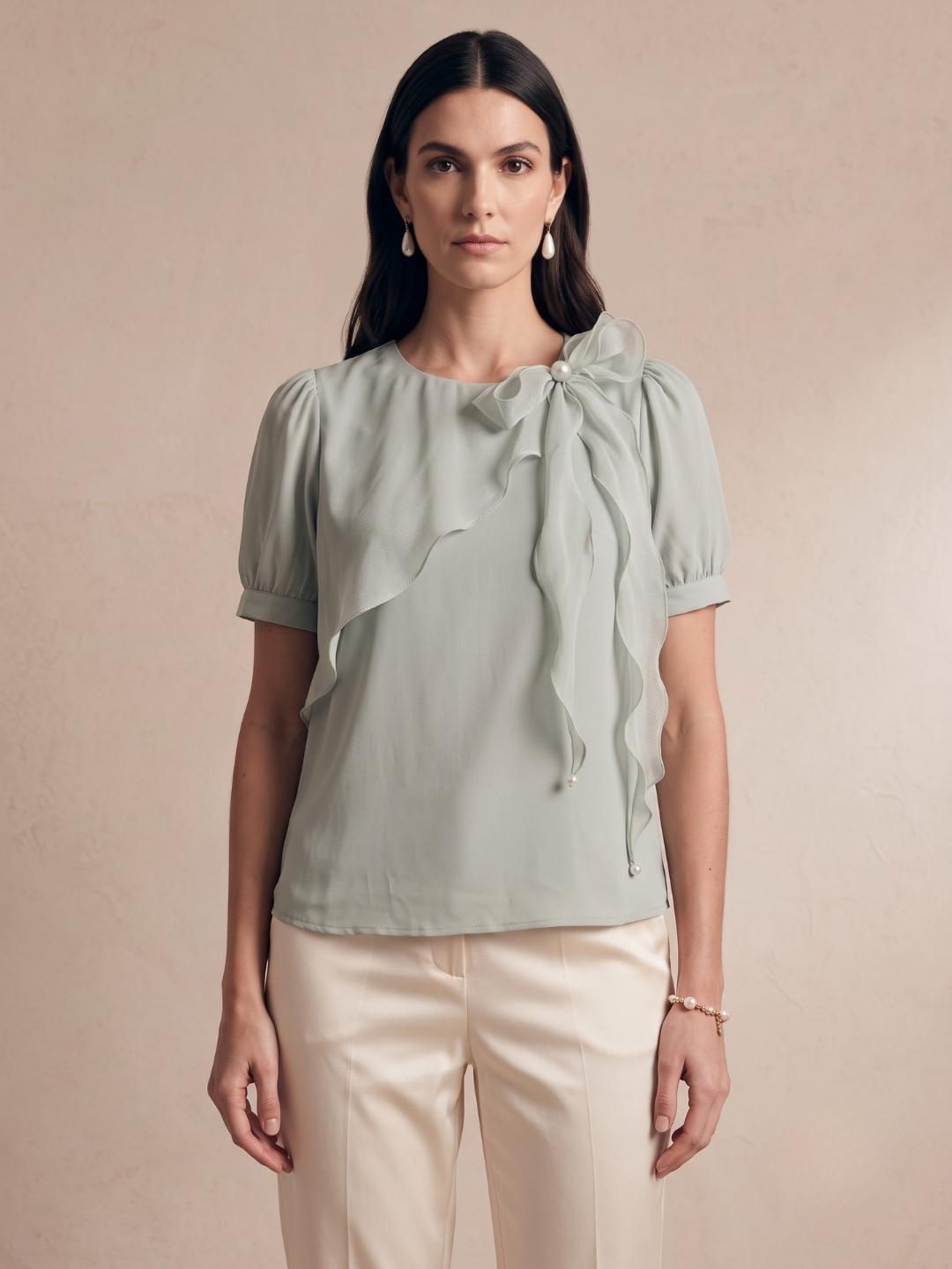 Iconic Women Green Solid Straight Fit Cotton Top