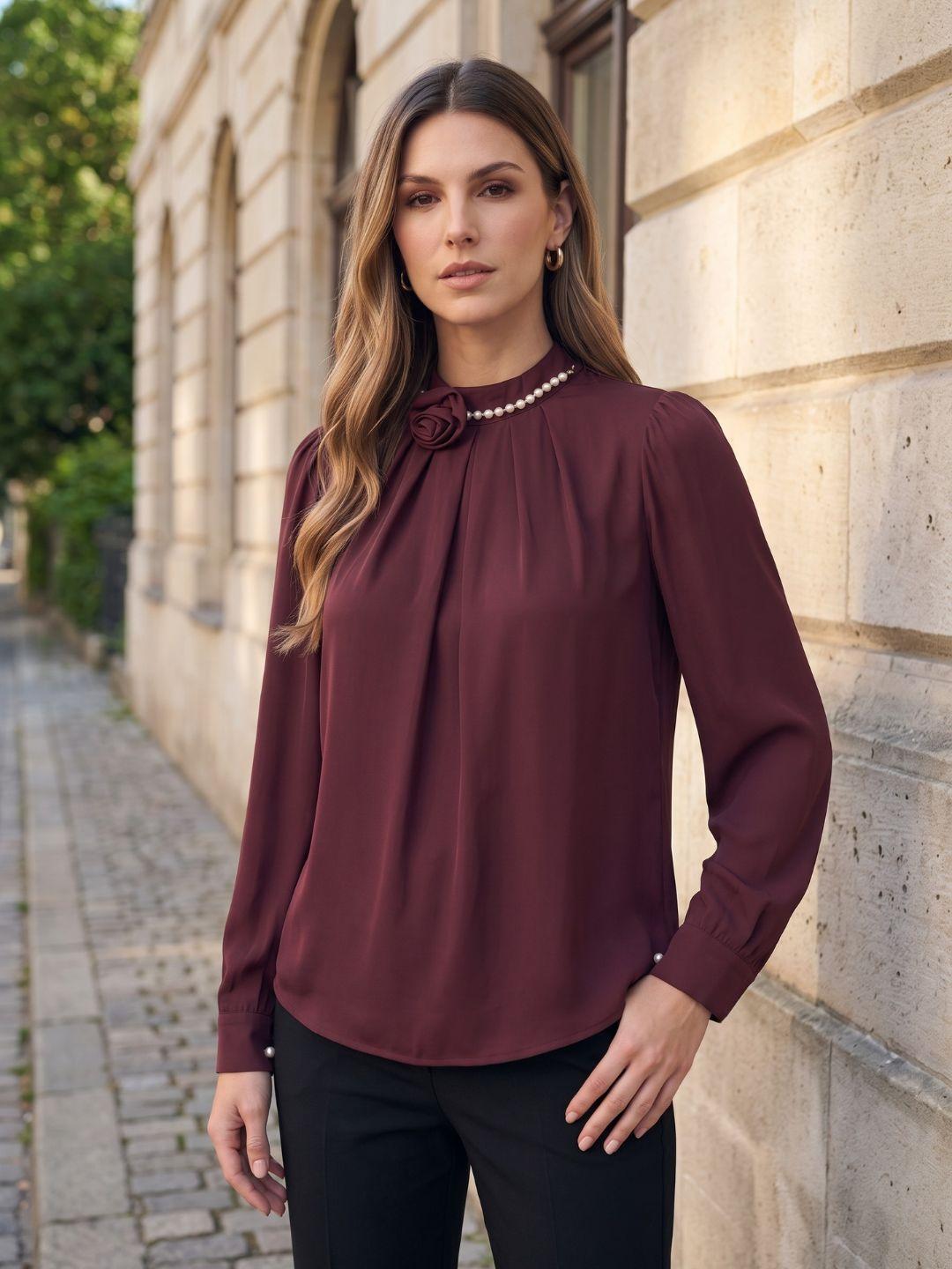 Iconic Women Maroon Solid Straight Fit Cotton Top