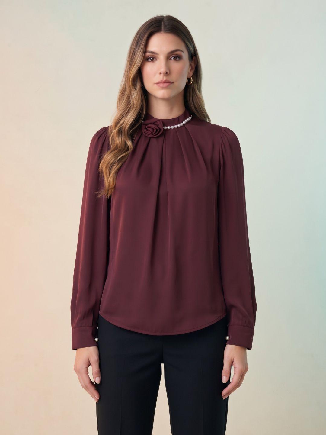 Iconic Women Maroon Solid Straight Fit Cotton Top