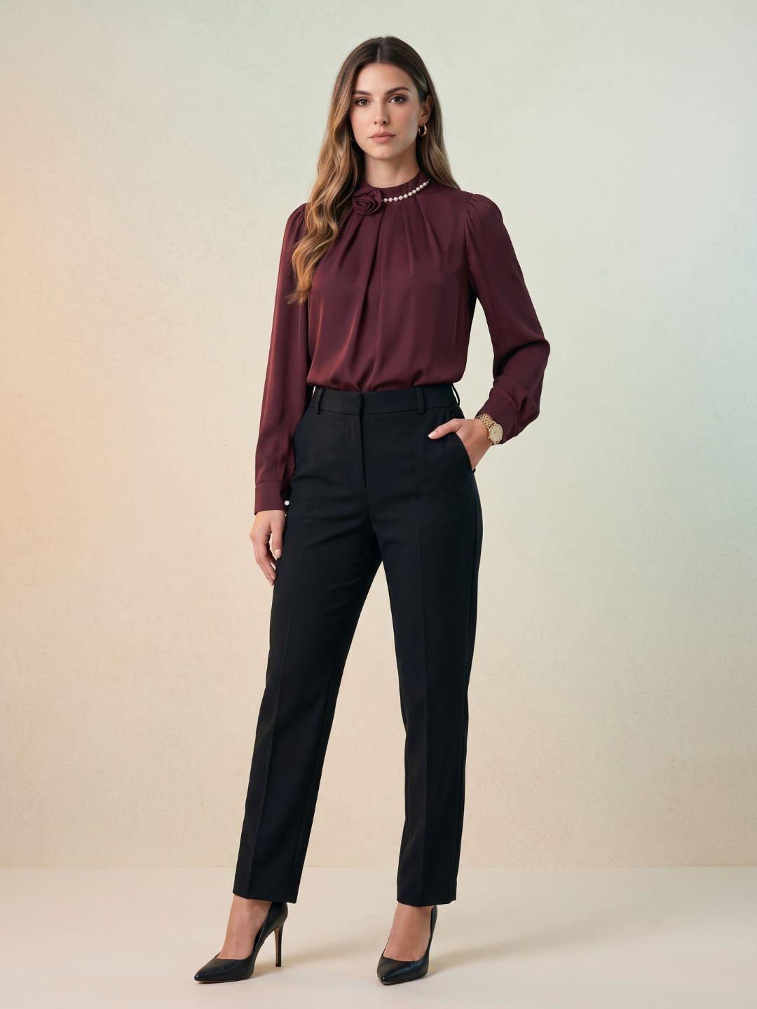 Iconic Women Maroon Solid Straight Fit Cotton Top