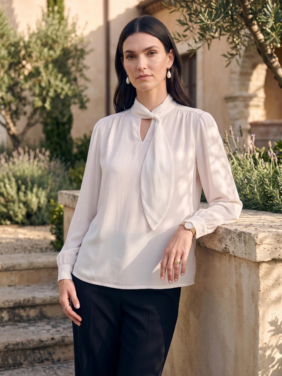 Iconic Women White Solid Regular Fit Keyhole Tie-Neck Top