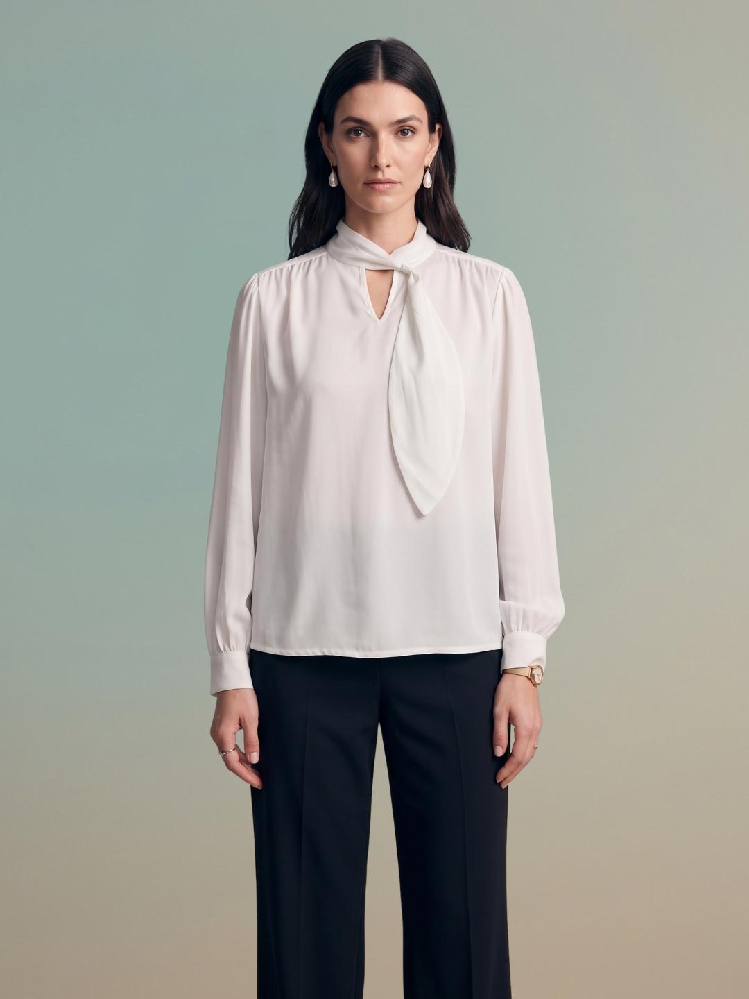 Iconic Women White Solid Regular Fit Keyhole Tie-Neck Top