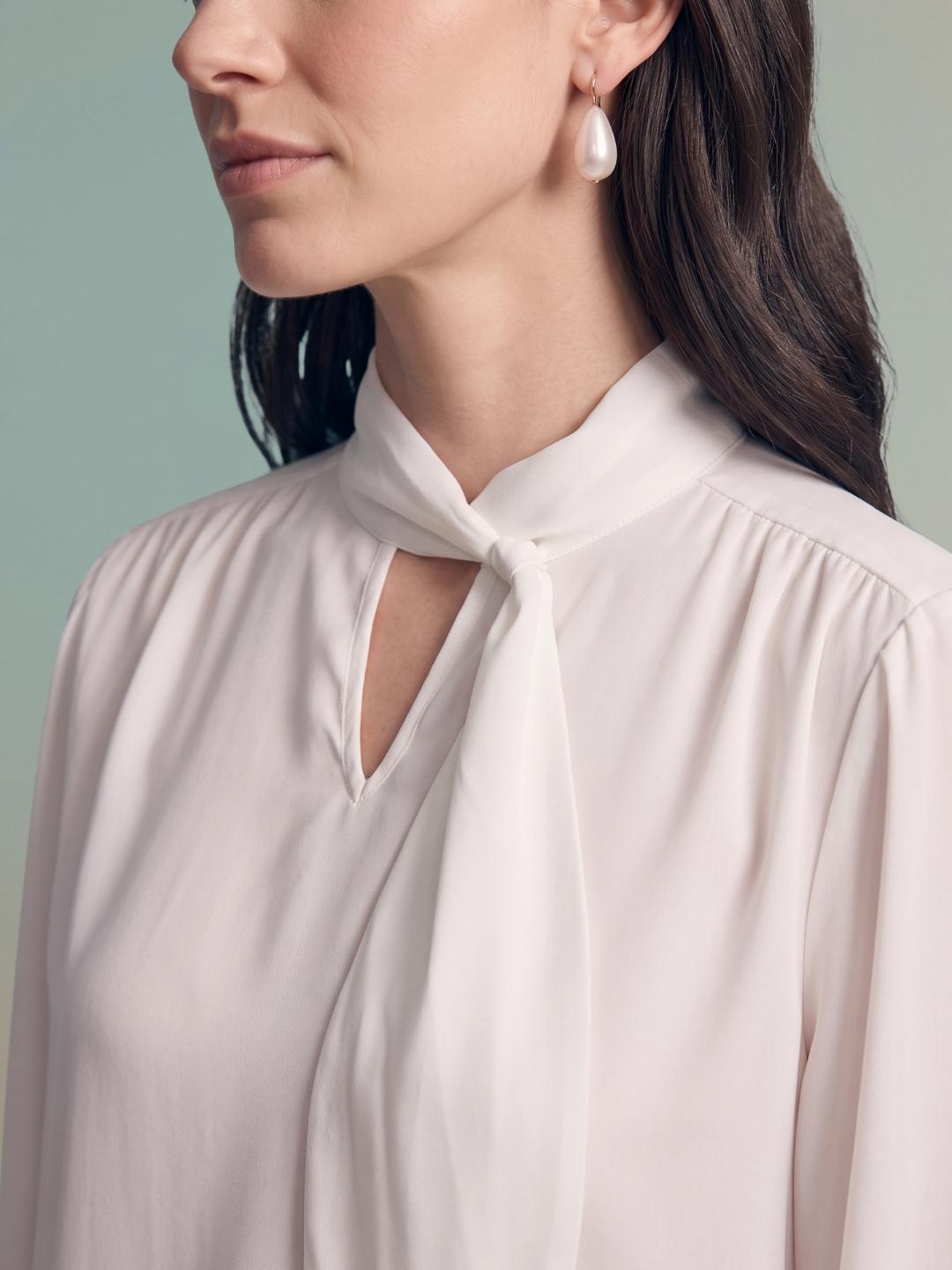 Iconic Women White Solid Regular Fit Keyhole Tie-Neck Top