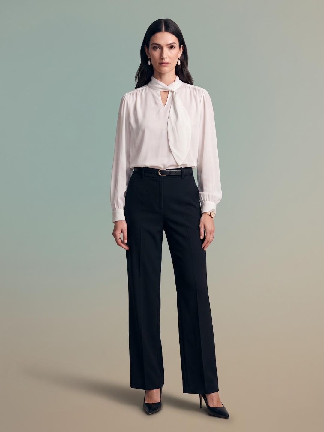 Iconic Women White Solid Regular Fit Keyhole Tie-Neck Top