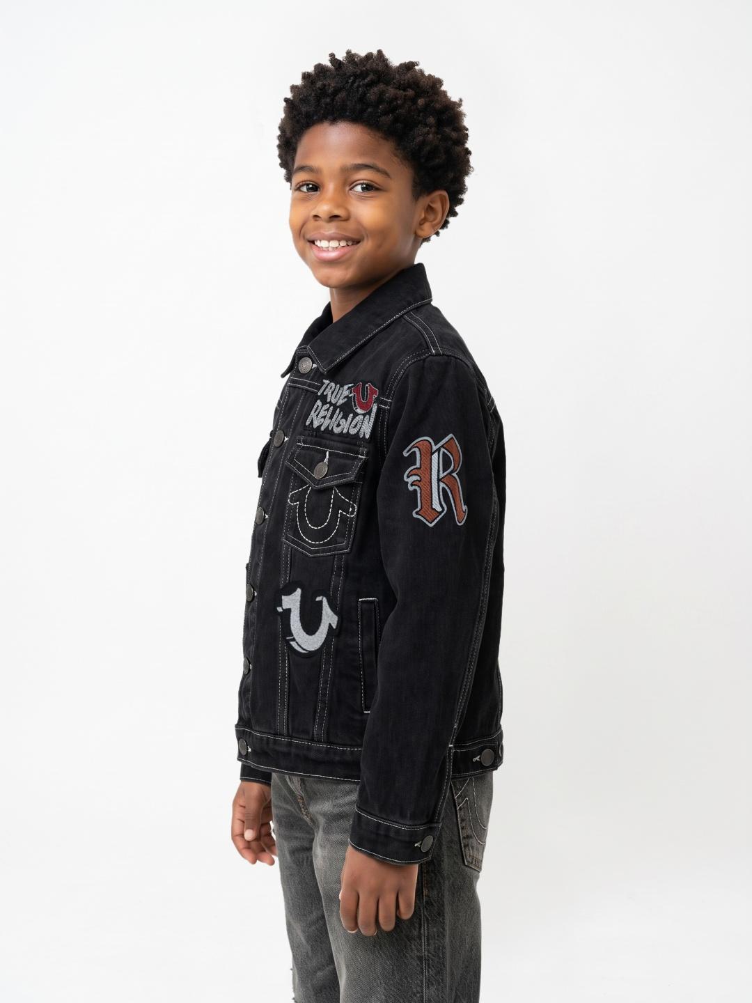 True Religion Boys Black Graphic Regular Fit Cotton Denim Jacket