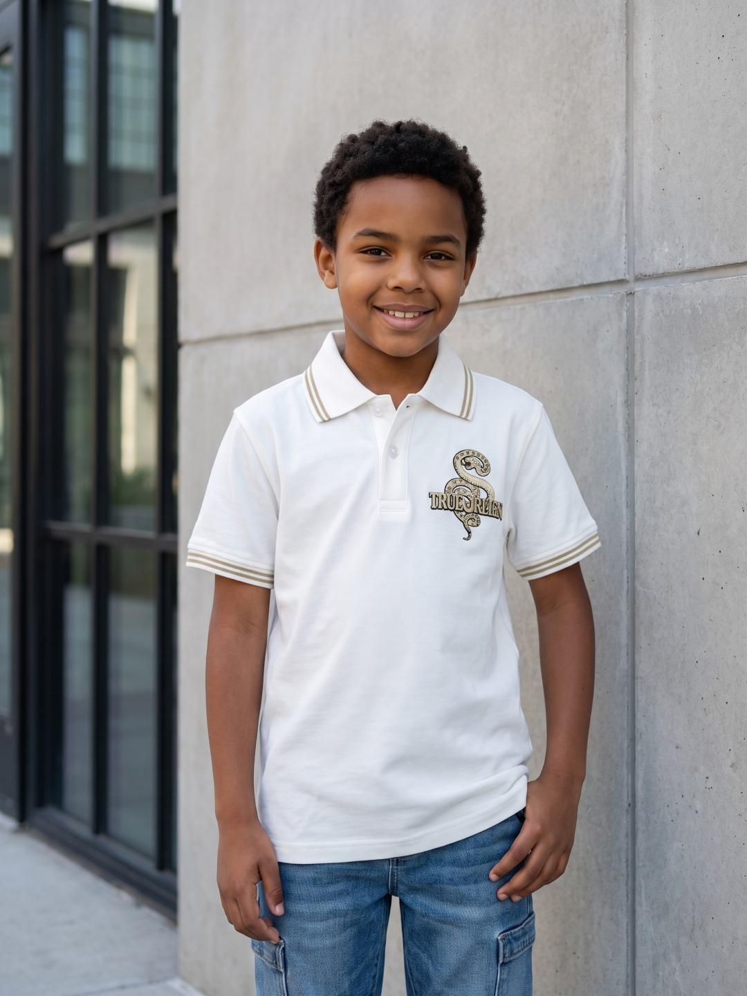 True Religion Boys White Regular Fit Solid Cotton Polo T-Shirt