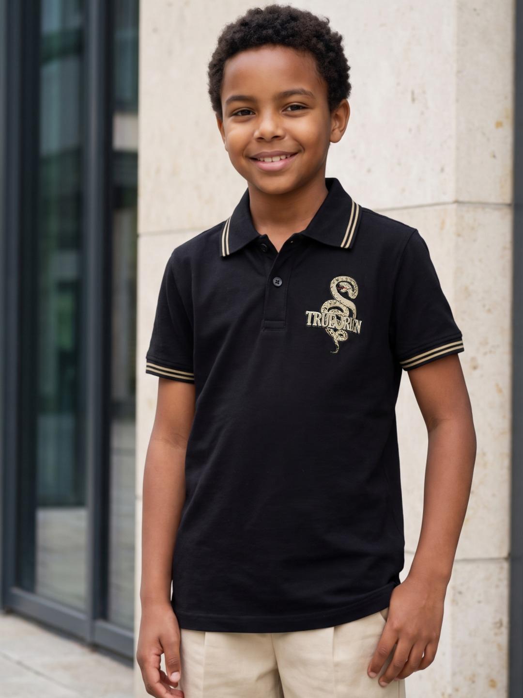 True Religion Boys Regular Fit Black Solid Pure Cotton Polo Tshirt