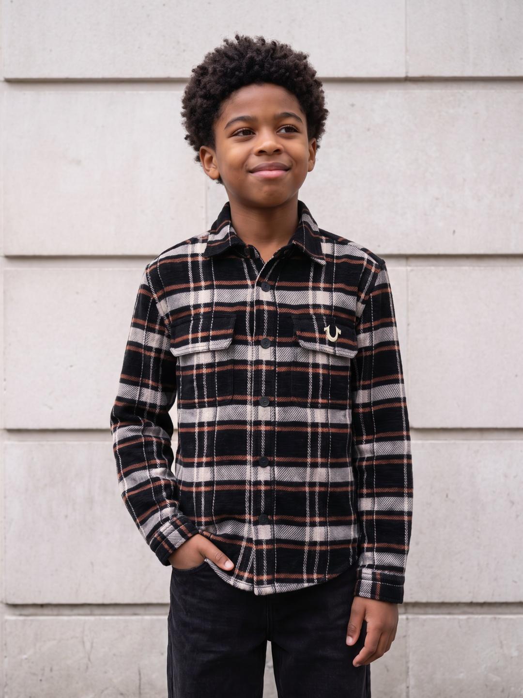 True Religion Boys Black Checked Regular Fit Cotton Shirt