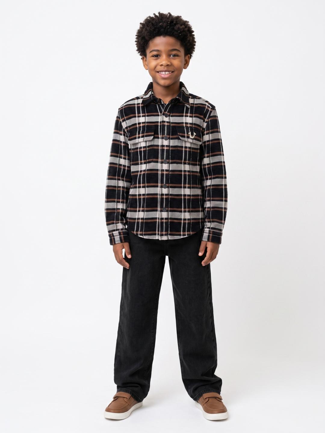 True Religion Boys Black Checked Regular Fit Cotton Shirt
