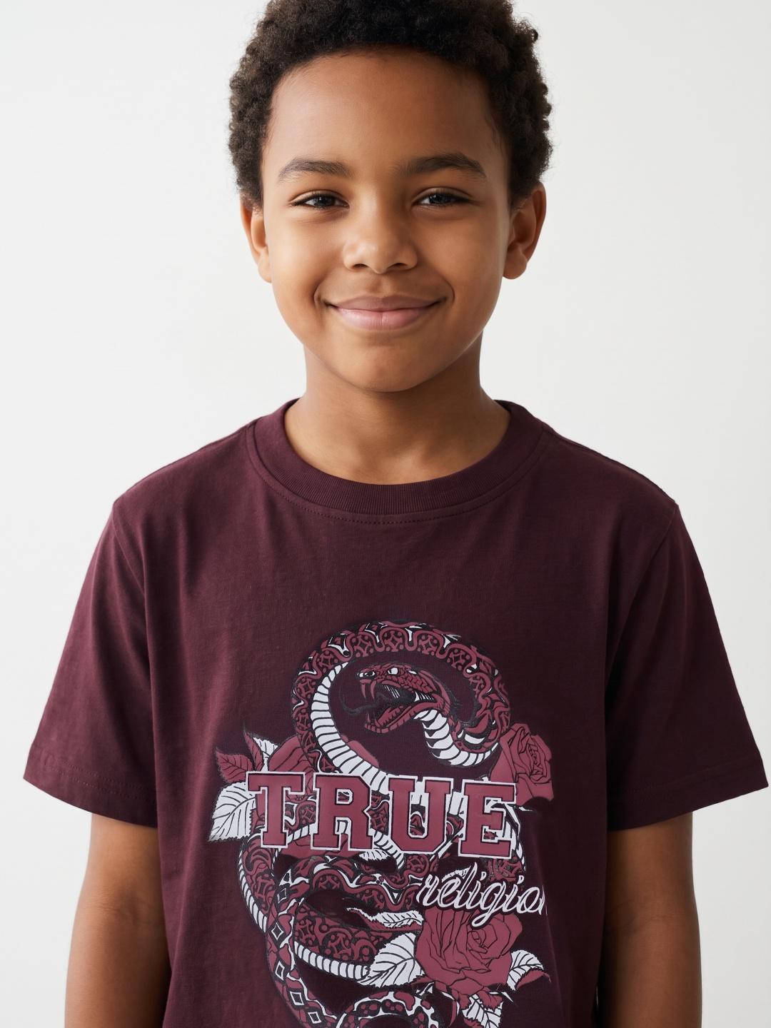 True Religion Boys Regular Fit Maroon Printed Pure Cotton Tshirt