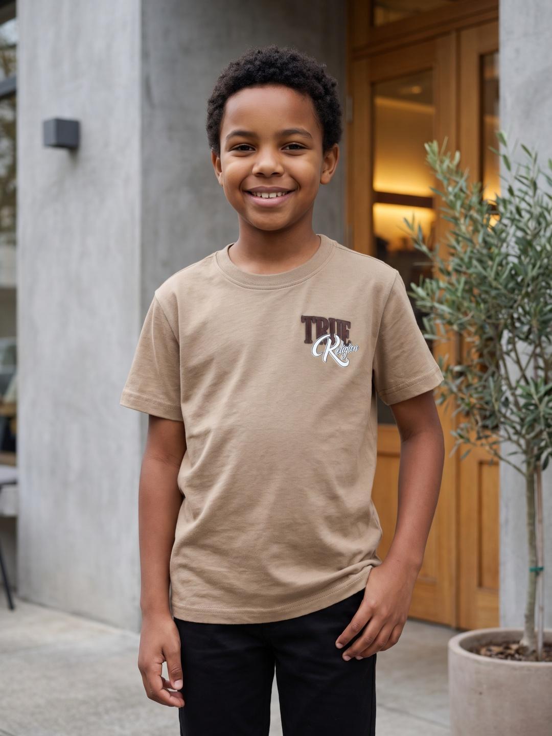 True Religion Boys Regular Fit Beige Solid Pure Cotton Tshirt
