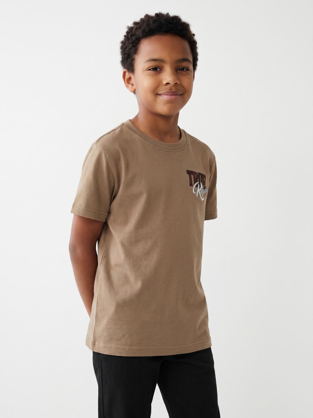 True Religion Boys Regular Fit Beige Solid Pure Cotton Tshirt