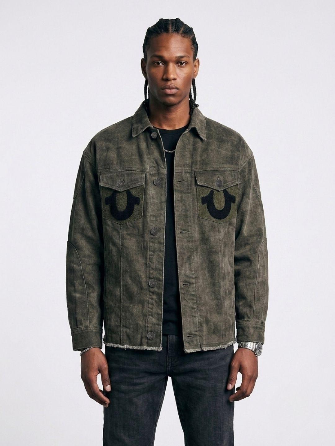 True Religion Men Olive Solid Regular Fit Cotton Denim Jacket