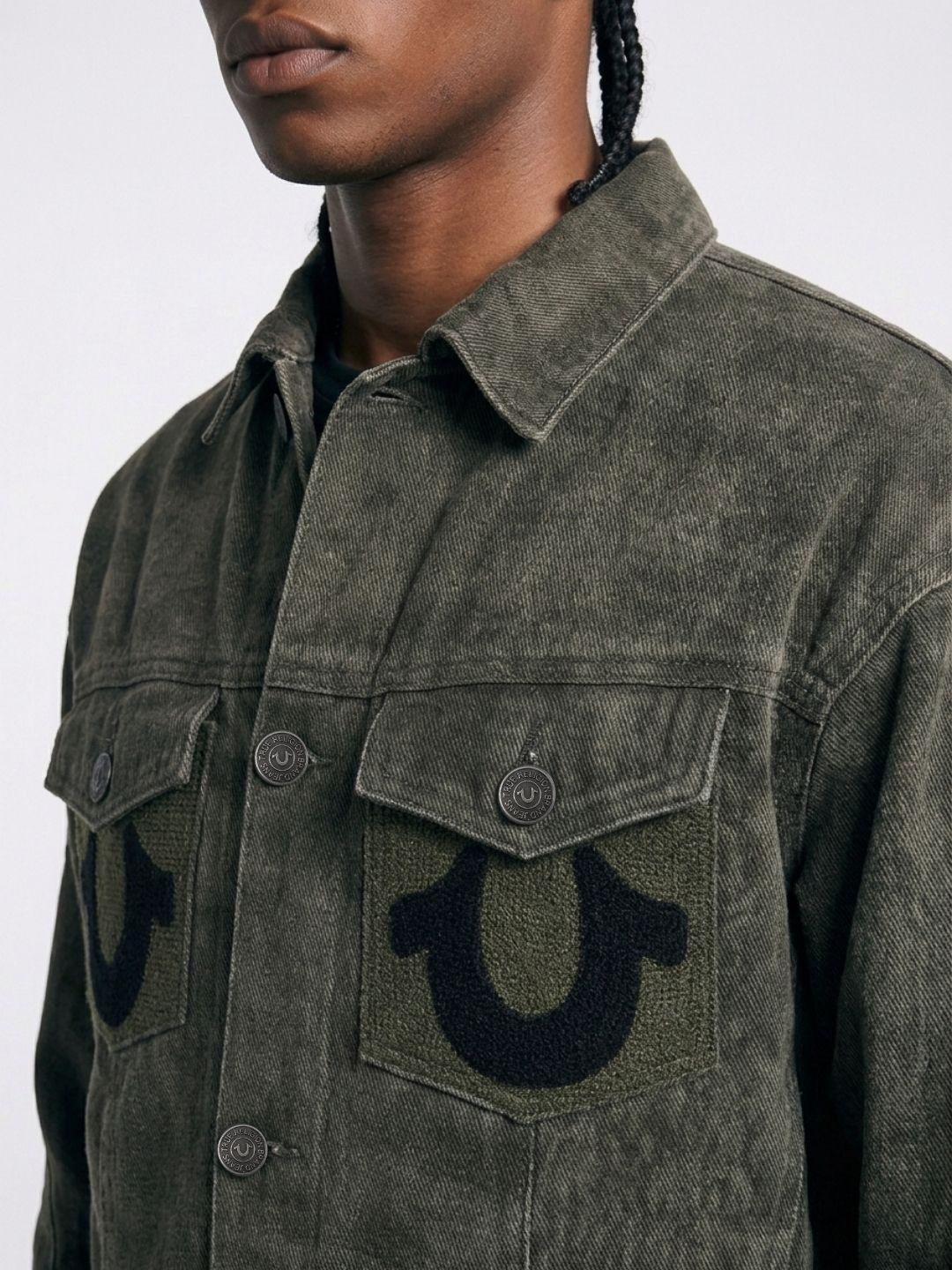 True Religion Men Olive Solid Regular Fit Cotton Denim Jacket