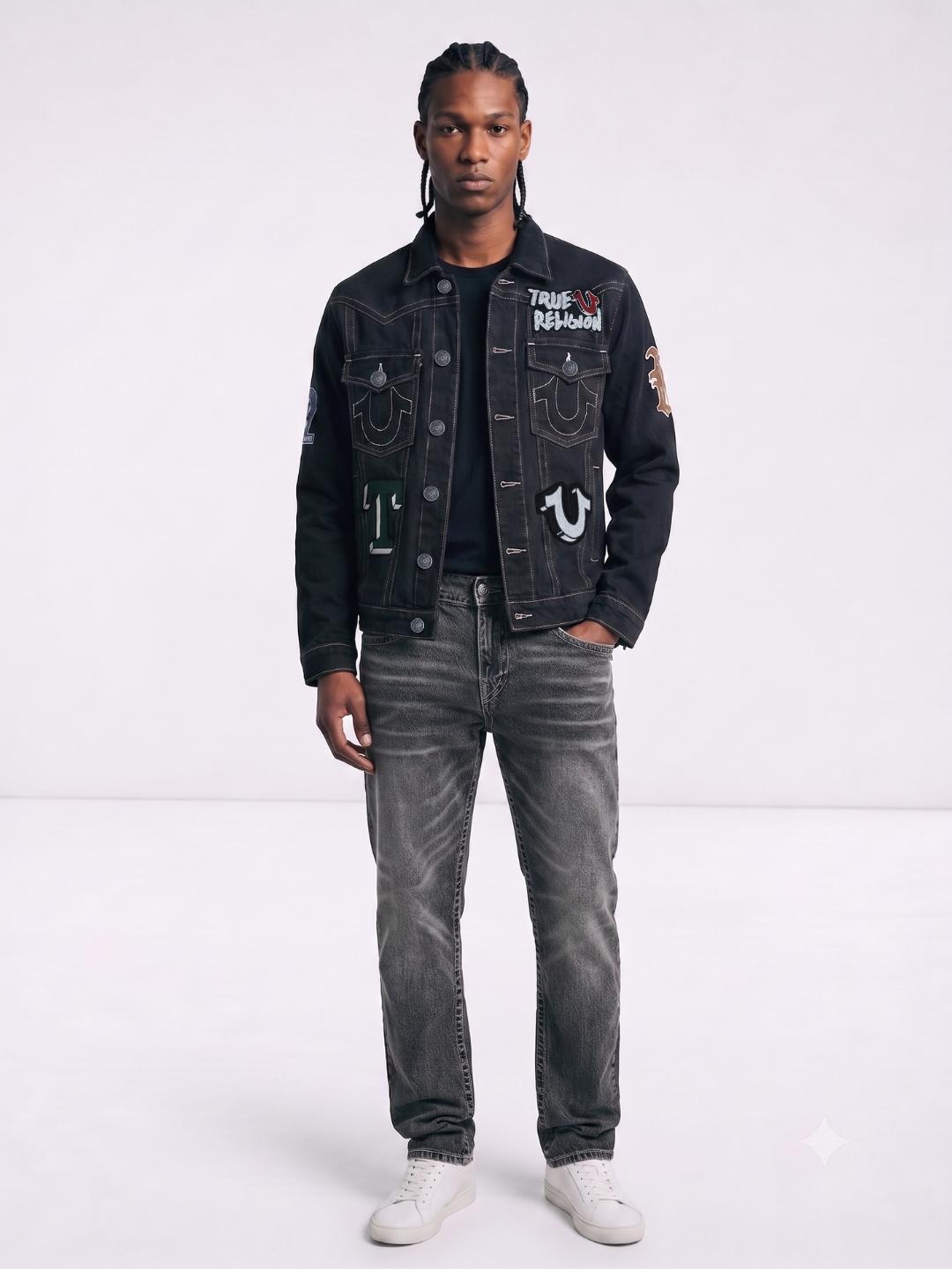 True Religion Men Black Embroidered Patch Detaling Denim Jacket