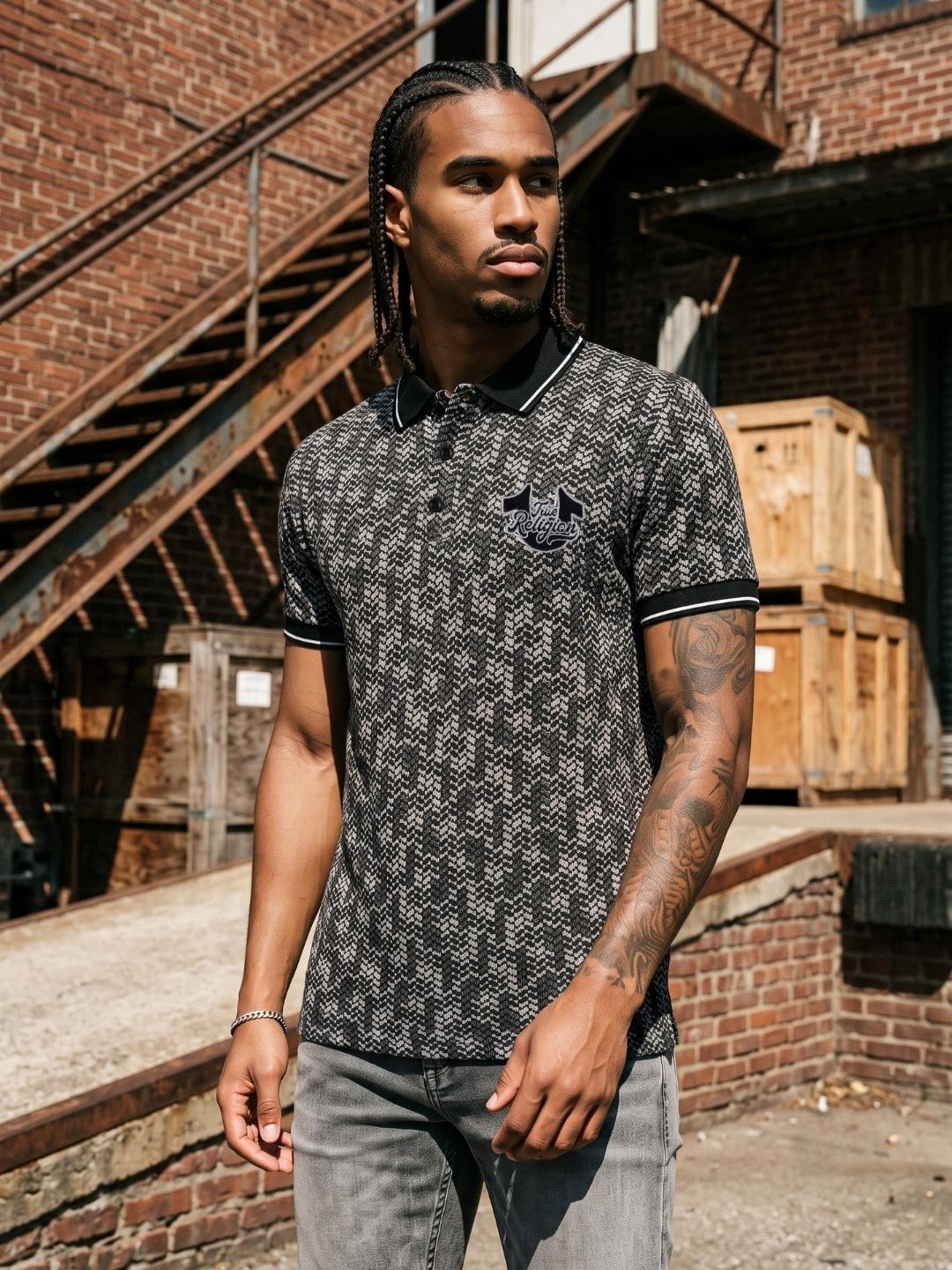 True Religion Men Black Regular Fit Jaquard Polo T-Shirt