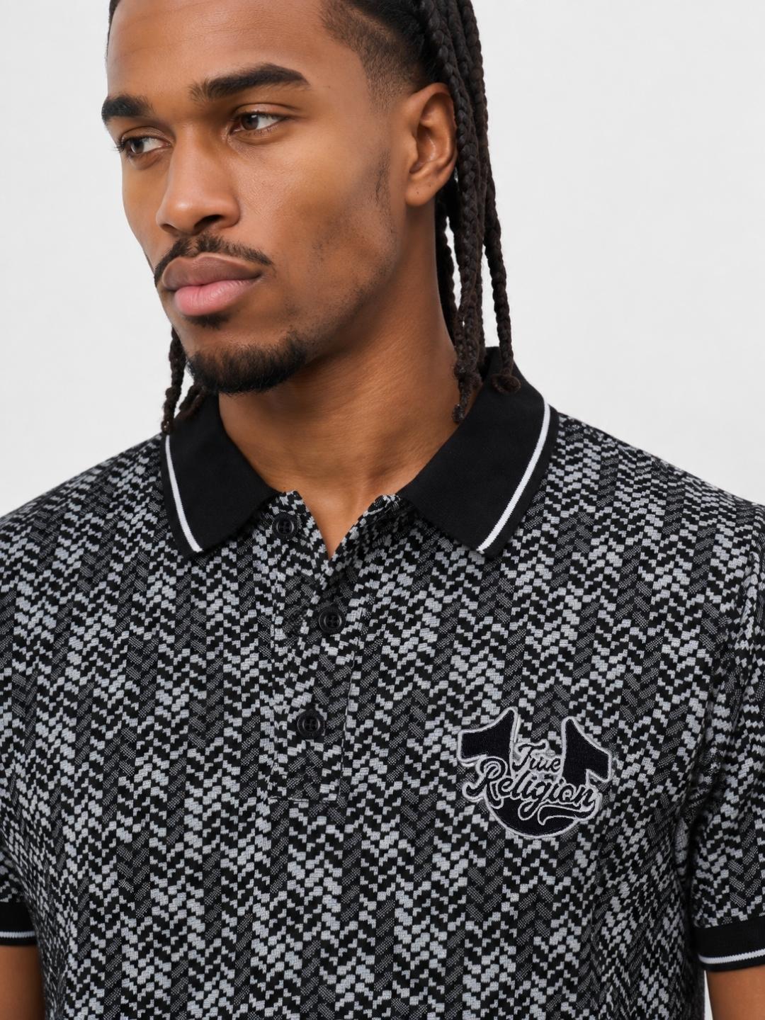 True Religion Men Black Regular Fit Jaquard Polo T-Shirt