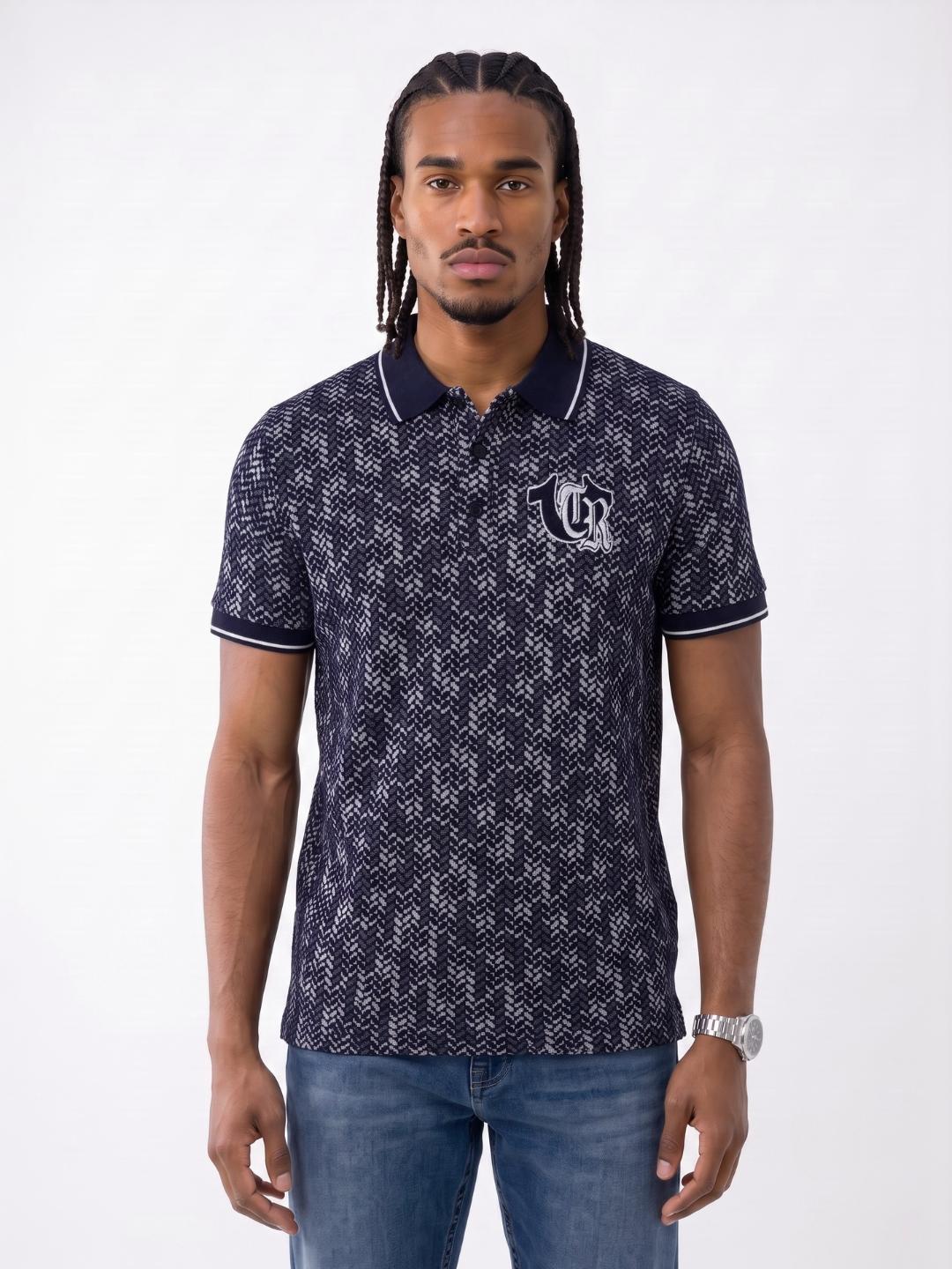 True Religion Men Navy Blue Regular Fit Jaquard Polo T-Shirt