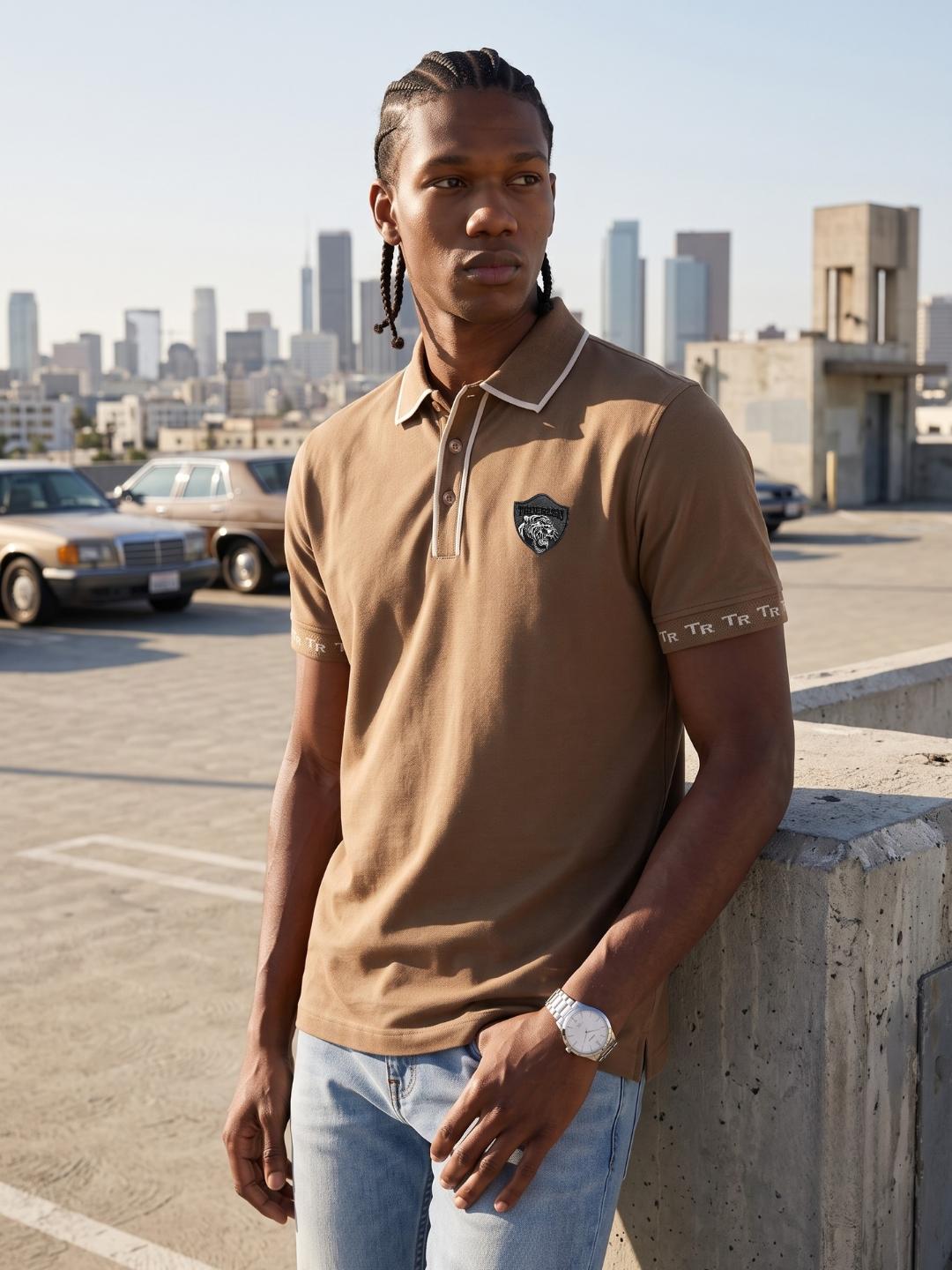 True Religion Men Khaki Solid Regular Fit Polo T-Shirt