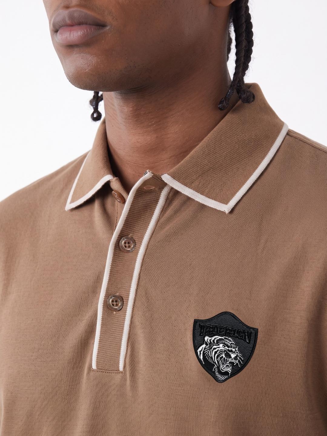 True Religion Men Khaki Solid Regular Fit Polo T-Shirt