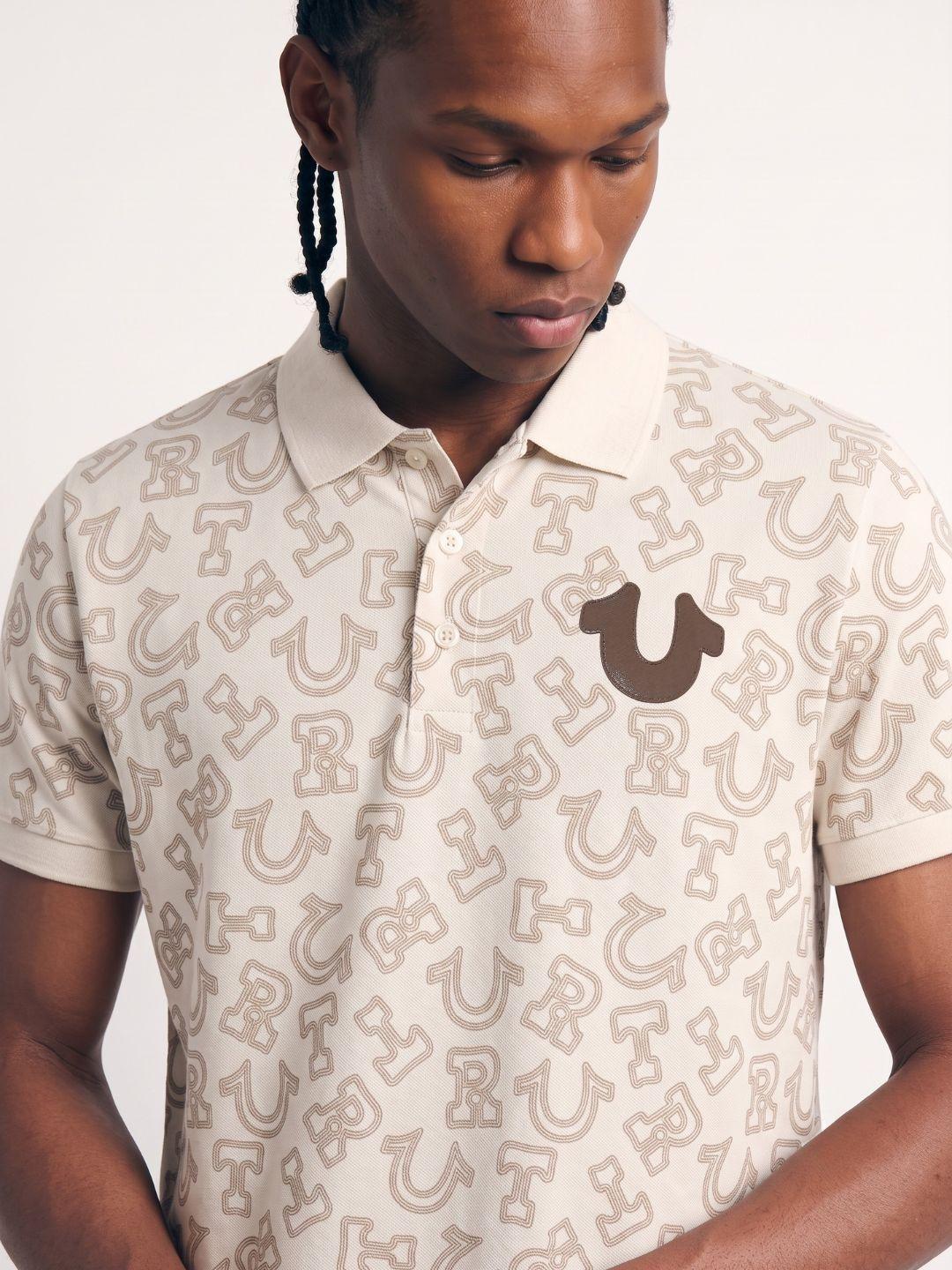 True Religion Off White Regular Fit Printed Pure Cotton Polo Tshirt