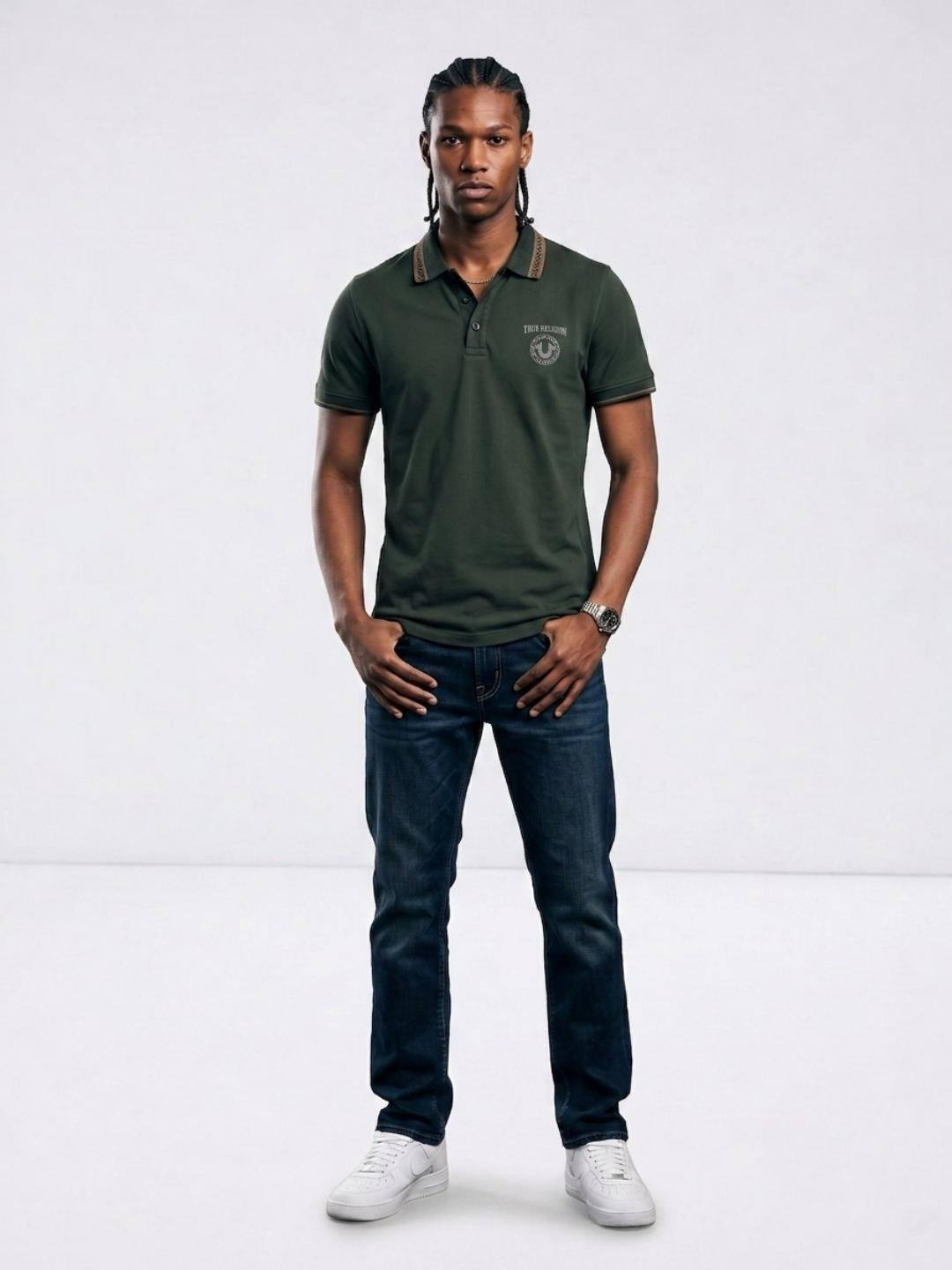 True Religion Men Olive Regular Fit Solid Polo T-Shirt