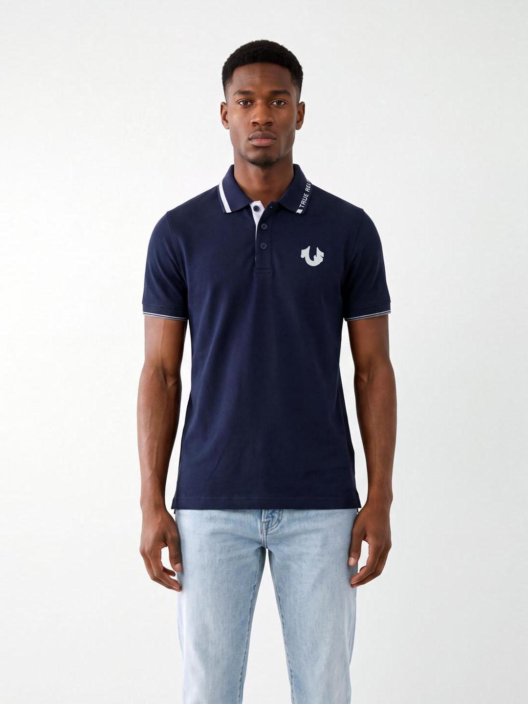 True Religion Men Navy Blue Solid Regular Fit Cotton Polo T-Shirt