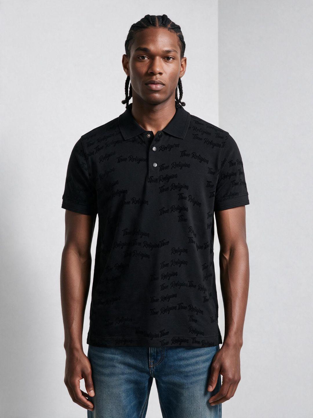 True Religion Men Black Jaquard Regular Fit Cotton Polo T-Shirt