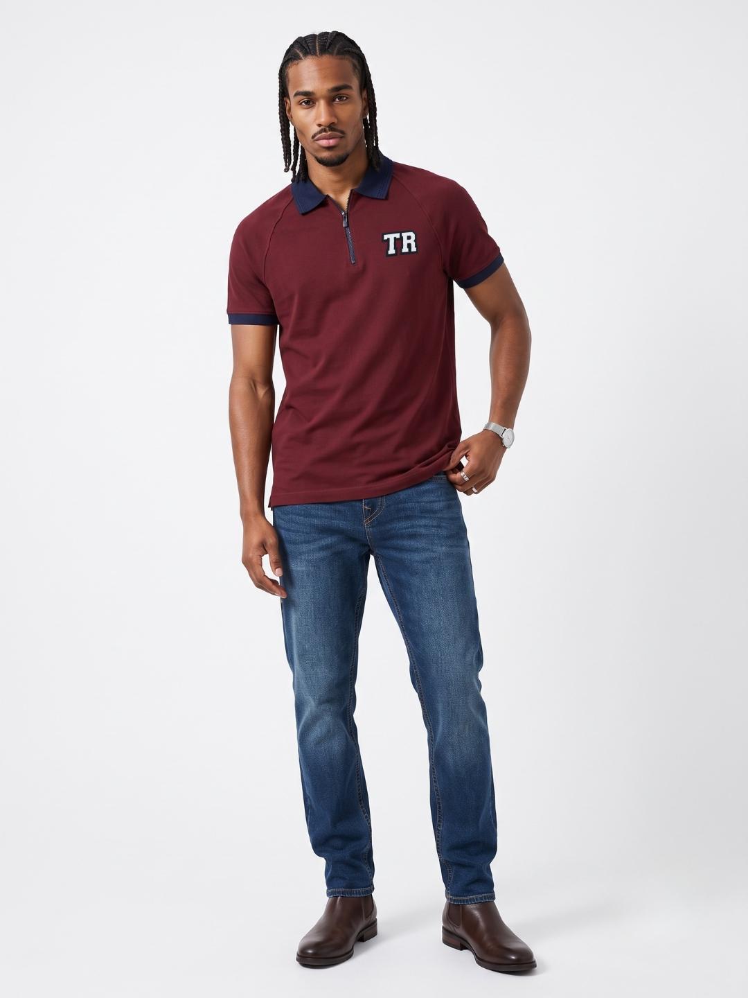 True Religion Men Wine Solid Regular Fit Cotton Polo T-Shirt