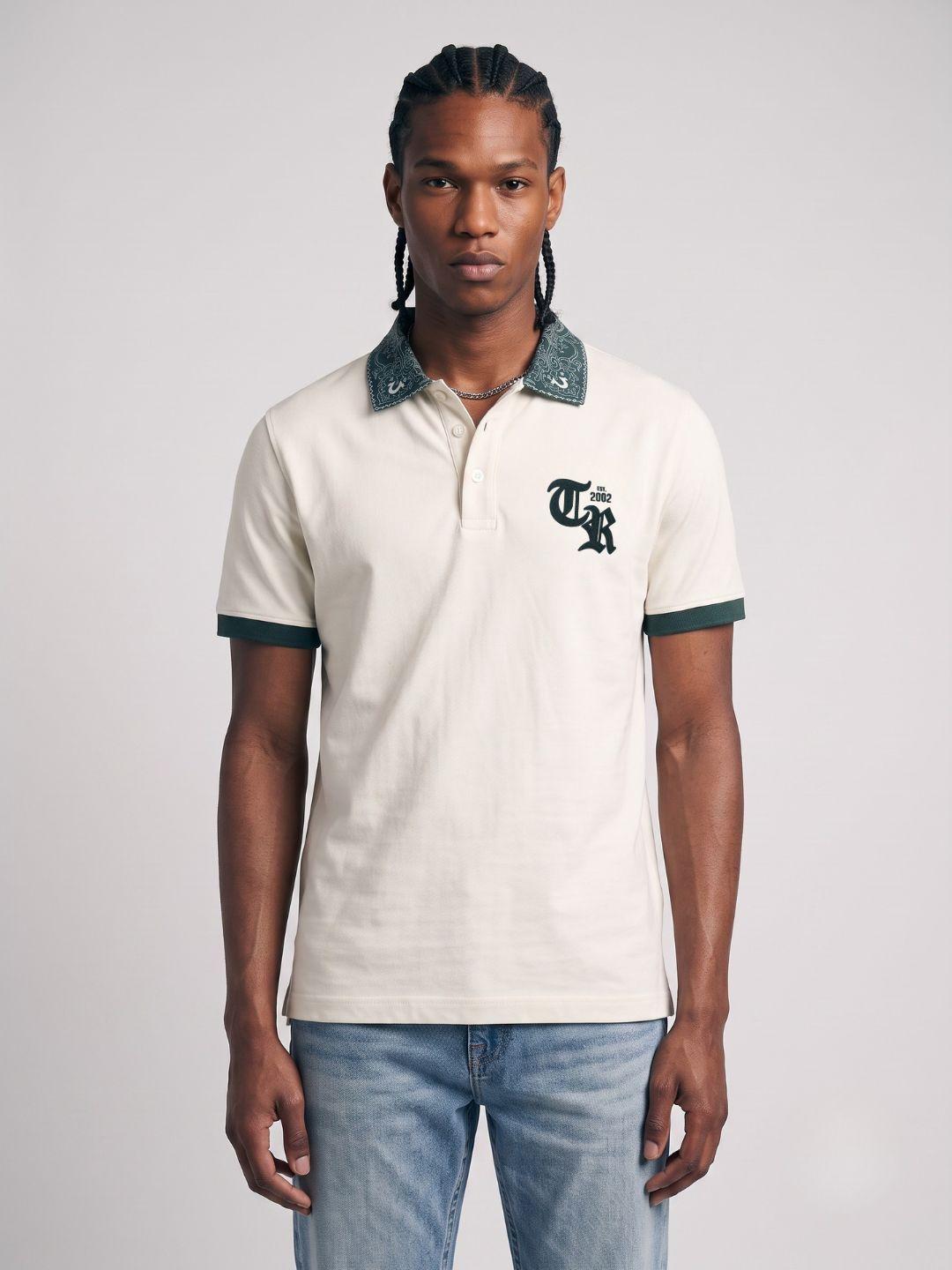 True Religion Off White Regular Fit Solid Pure Cotton Polo Tshirt