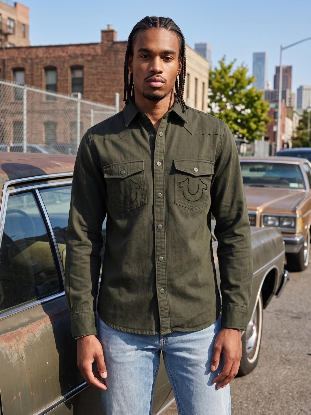 True Religion Men Olive Solid Regular Fit Cotton Shirt