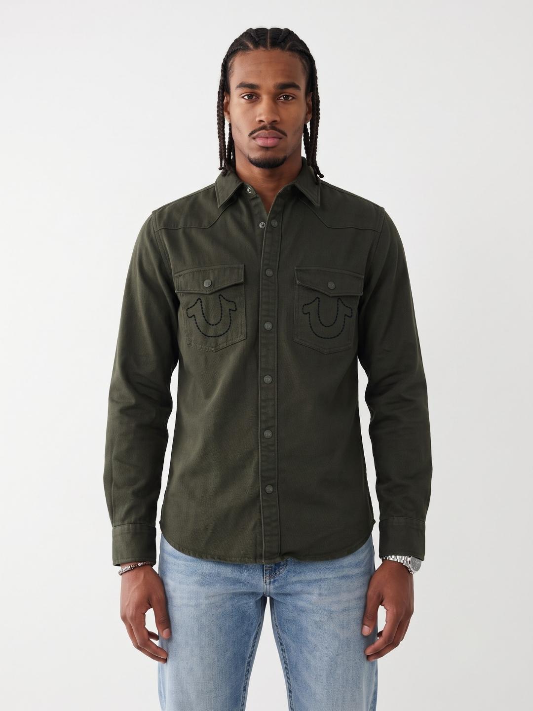 True Religion Men Olive Solid Regular Fit Cotton Shirt